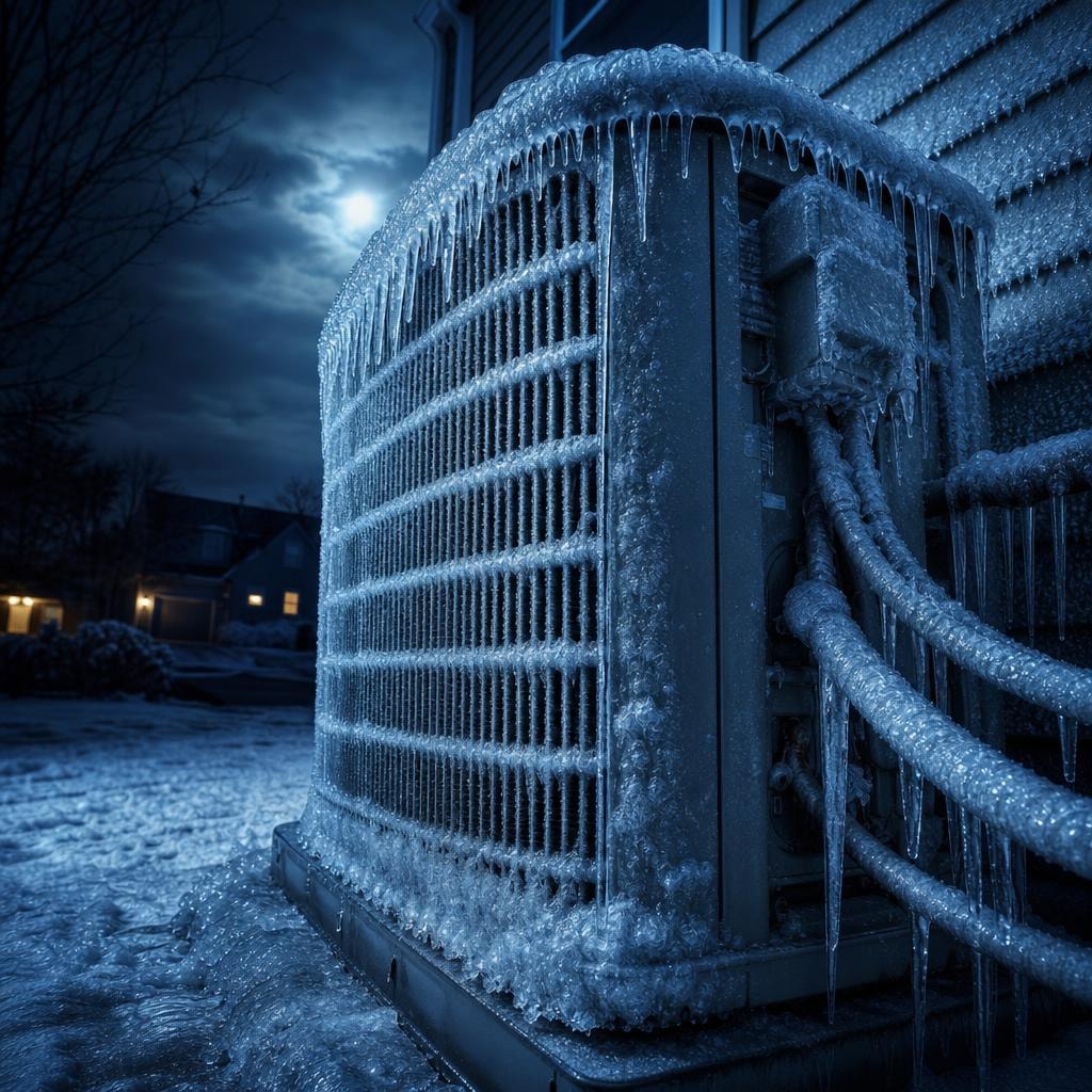 Frost-covered outdoor HVAC unit in urgent need of emergency repair