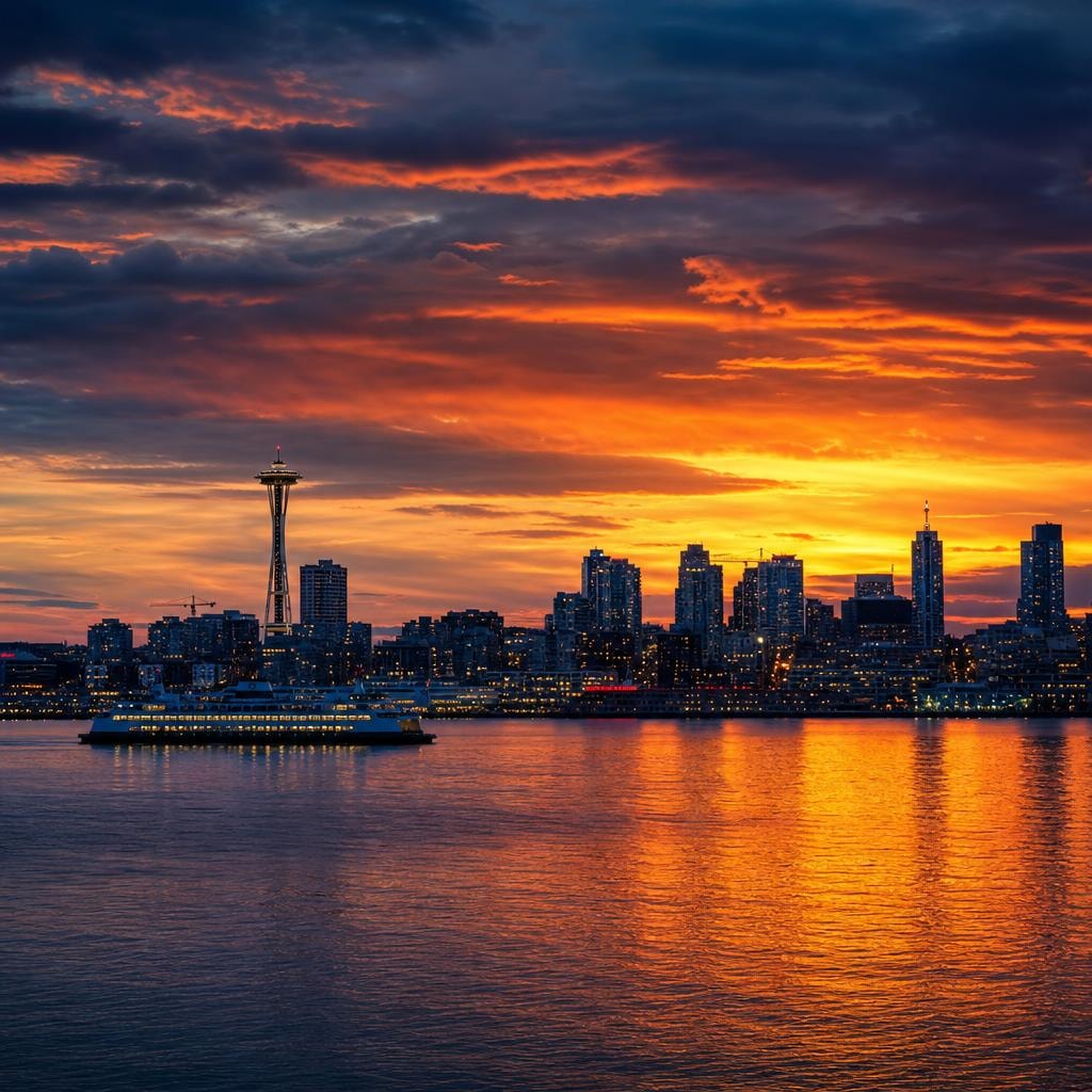 Seattle and South King County skyline at sunset