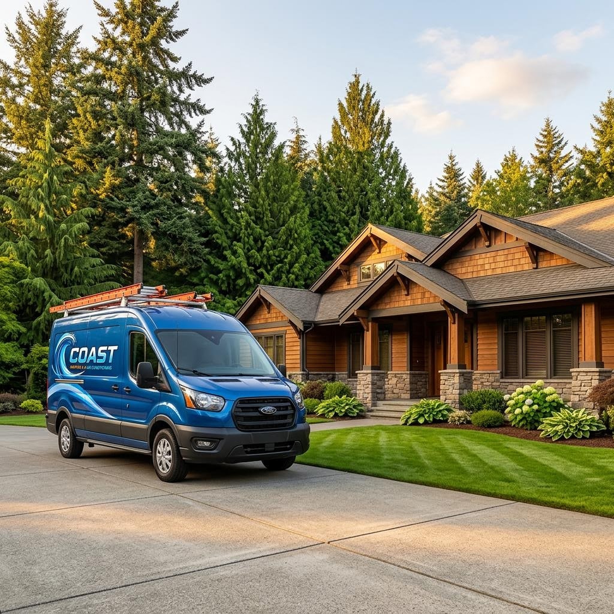 Coast Heating & Air Conditioning van parked in front of a residential home in Kent, WA