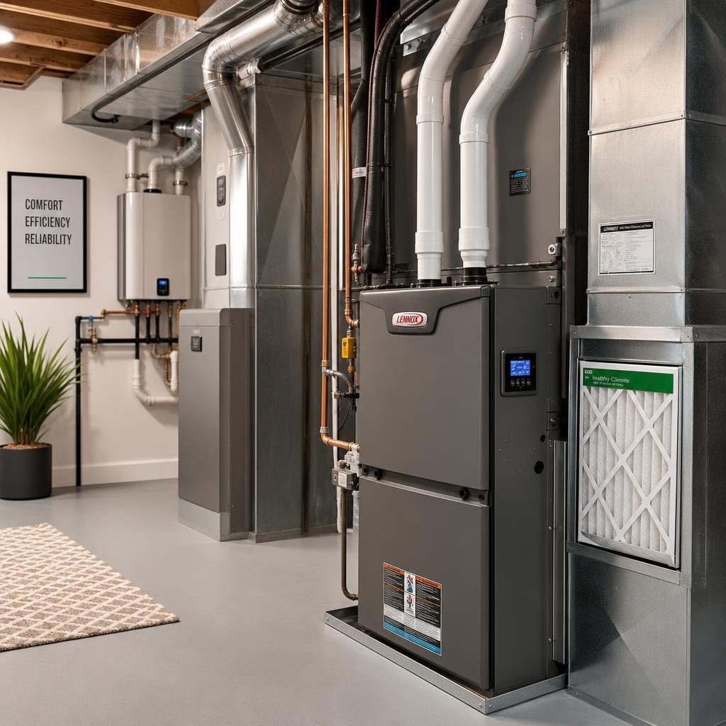 Clean well-organized residential HVAC mechanical room with high-efficiency furnace